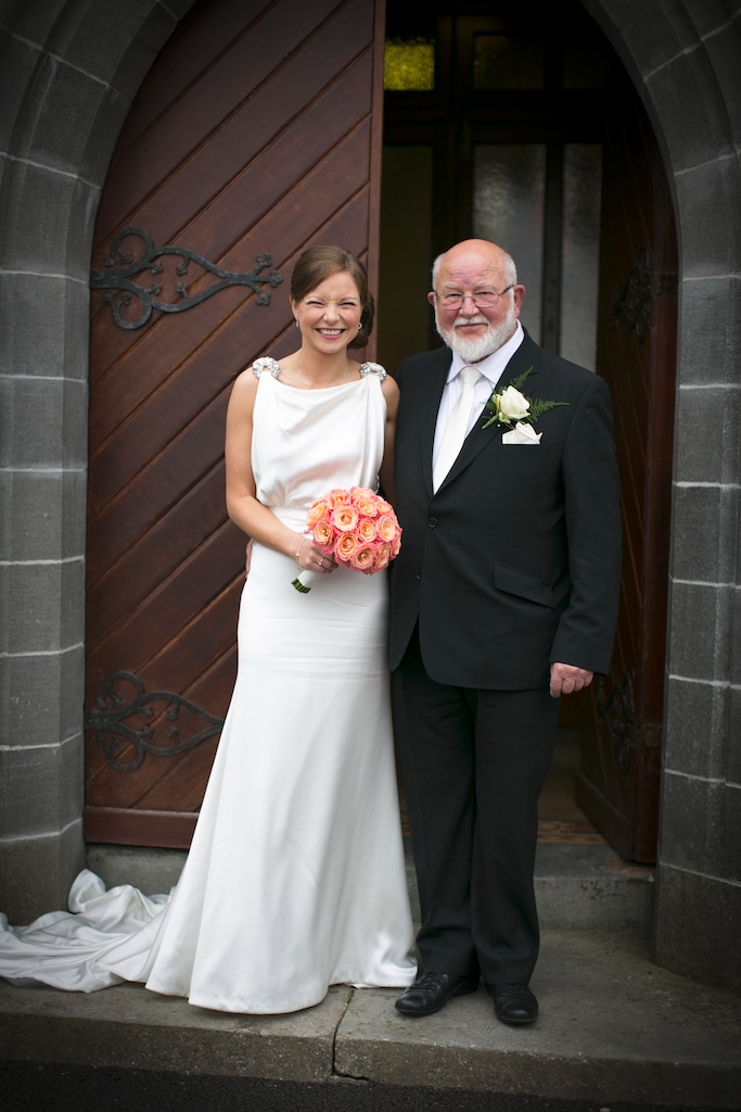 bride and father of the bride at church